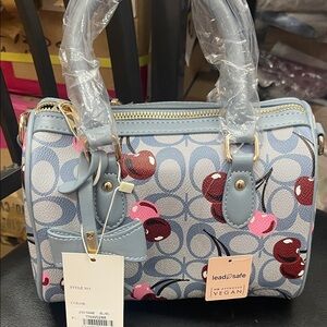 Chic Blue Cherry Print Vegan Satchel